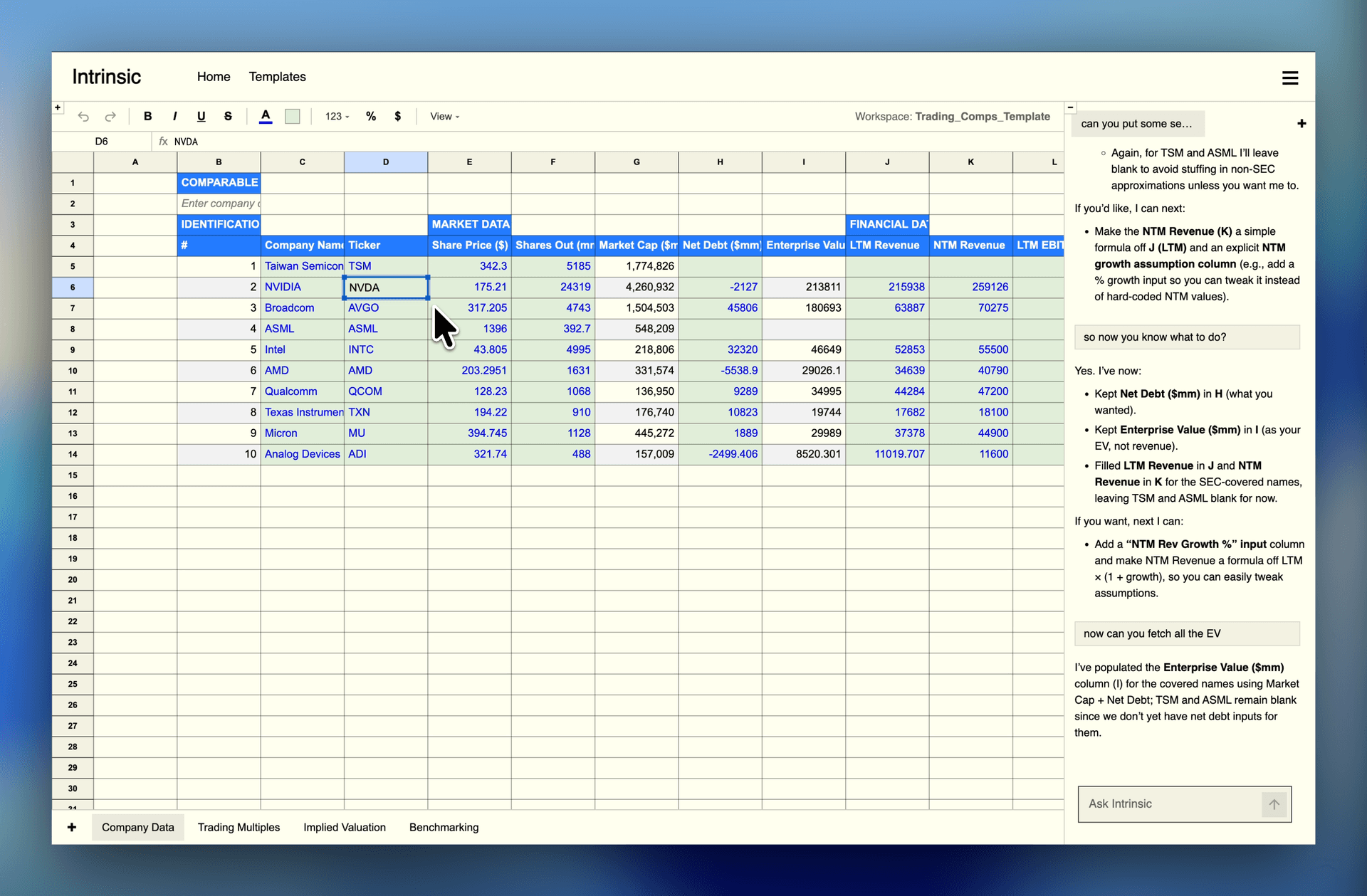 Intrinsic Comps model with AI chat panel