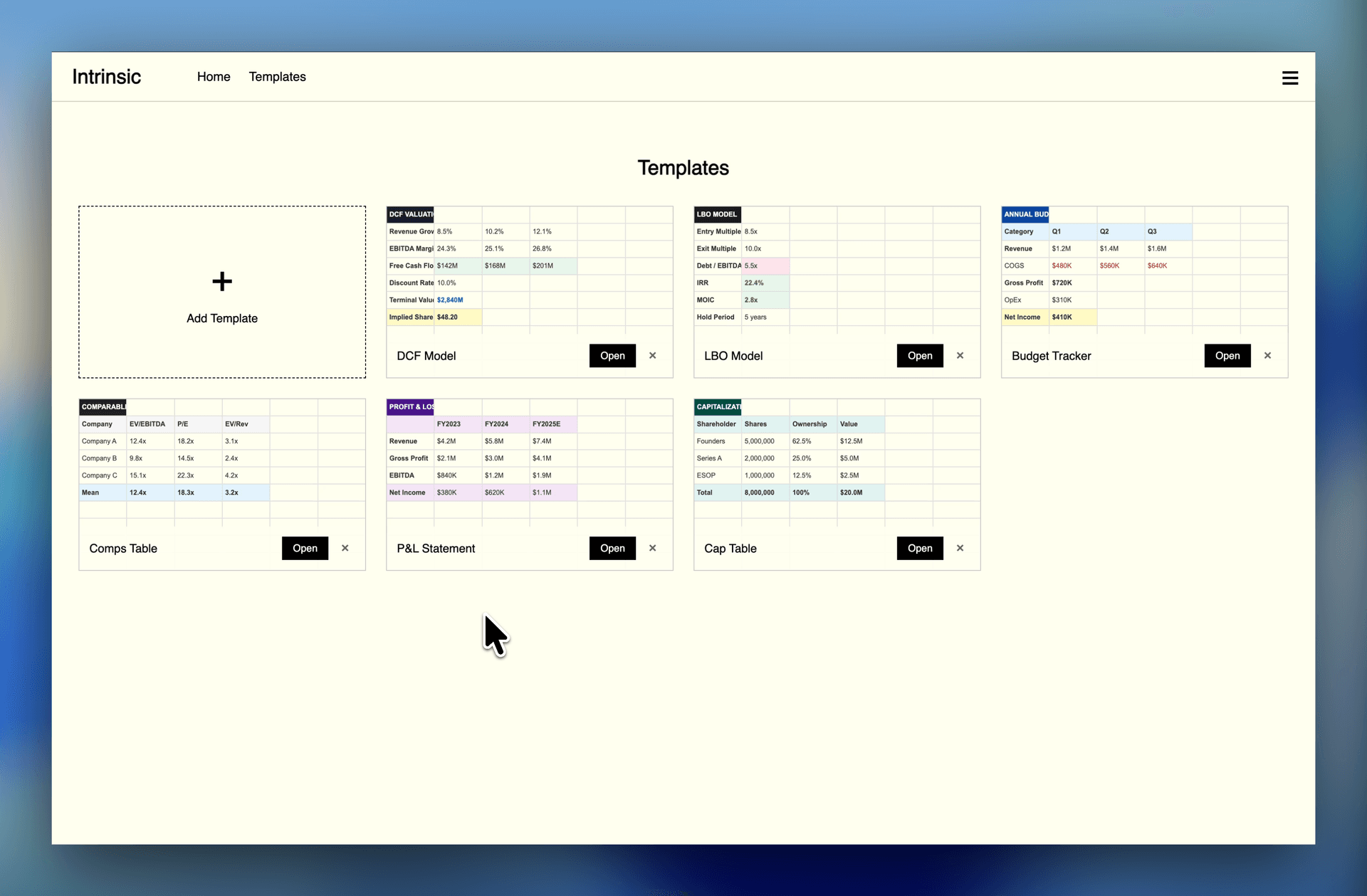 Library of DCF, LBO, and comps financial model templates in Intrinsic